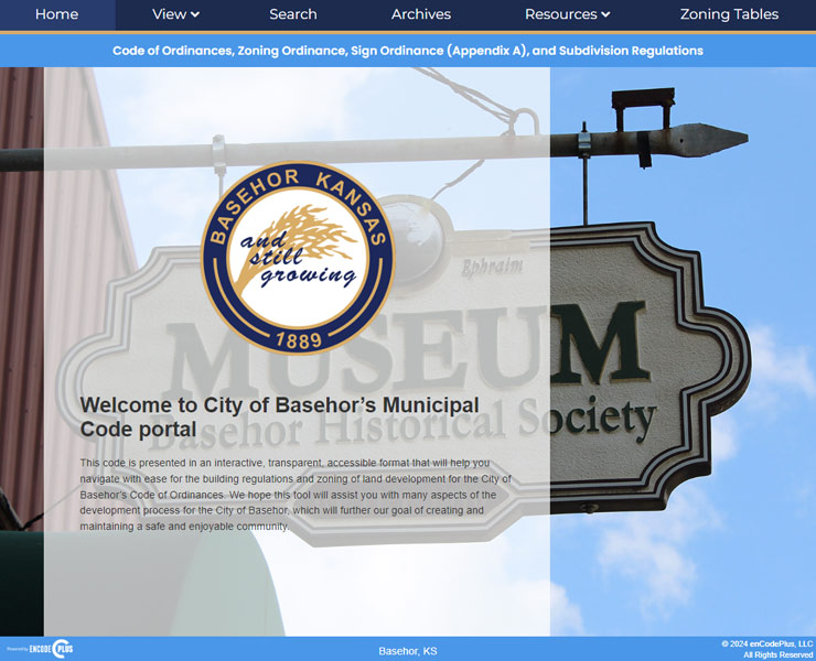 basehor municipal code portal screenshot